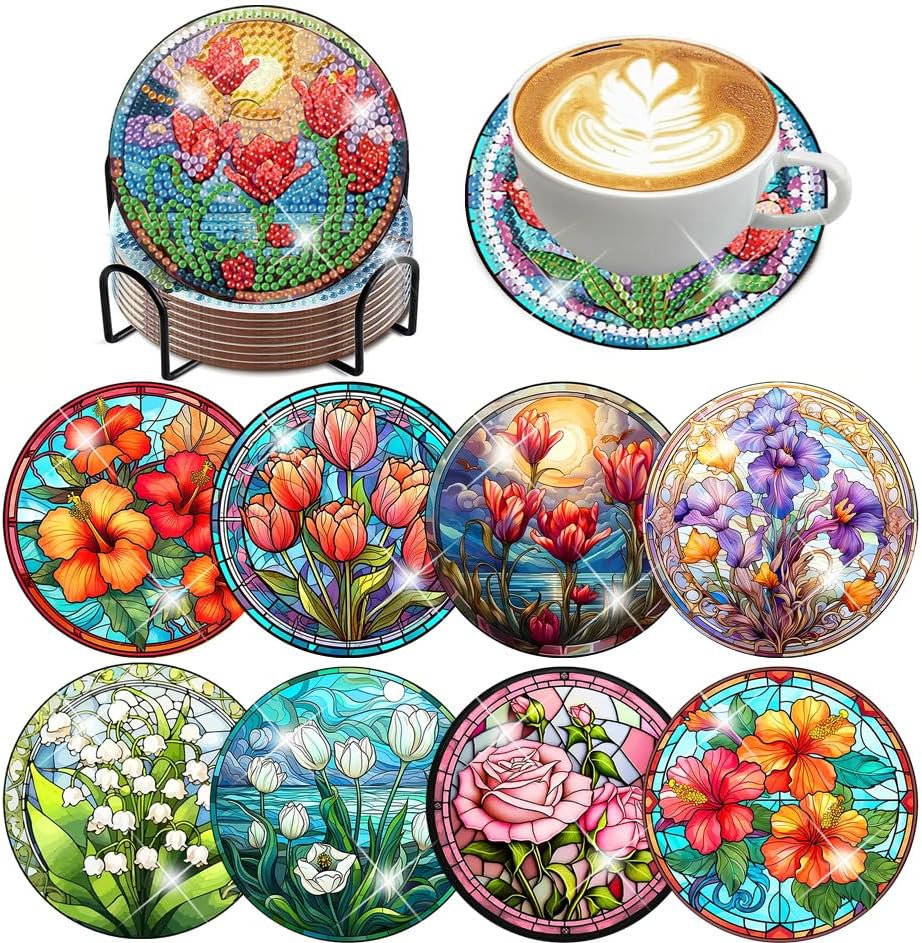 ijbnhd 8 PCS Flowers Diamond Art Coasters (Cork Wooden Pad)