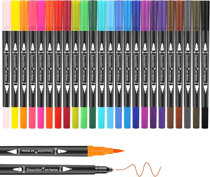 Soucolor 24 Dual Tip Brush Markers,Water-Based Art Pens,for Coloring Books | 24 Vibrant Water-Based Colors,Brush + Fine Tip,Color-Coded,Plastic Case,Lettering,Coloring Books,Kids &Adults.