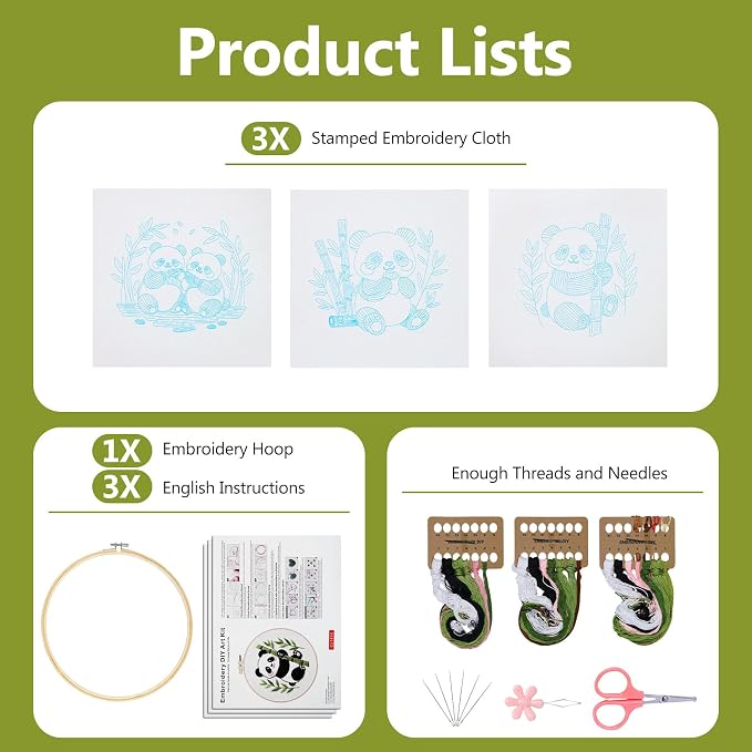 Santune Beginners Embroidery Kit for Adult Needlepoint Cross Stitch Kits Needle Point Sets with Panda Embroidery Patterns, Includes Step-By-Step Instructions and Accessories