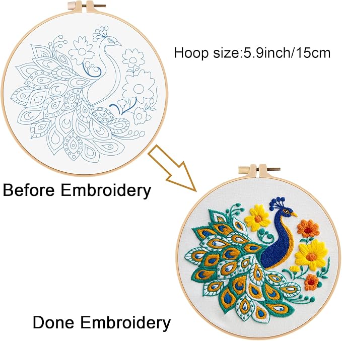 Louise Maelys Embroidery Kit for Beginners Peacock Floral DIY for Adults | Pre-Printed Fabric, Hoop, Threads, Needles, Guide Included for DIY Crafting. Enjoy Cross Stitch Kits. Explore Needlepoint Kit