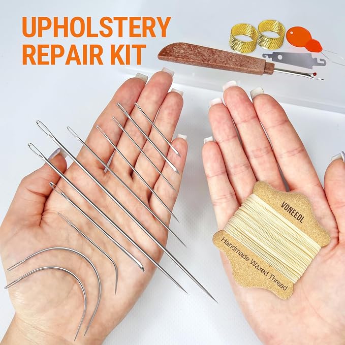 Upholstery Repair Kit: Waxed Sewing Thread (Beige Color) & Heavy Duty Needles (11 PCS) for Leather, Canvas & Quilting Thread