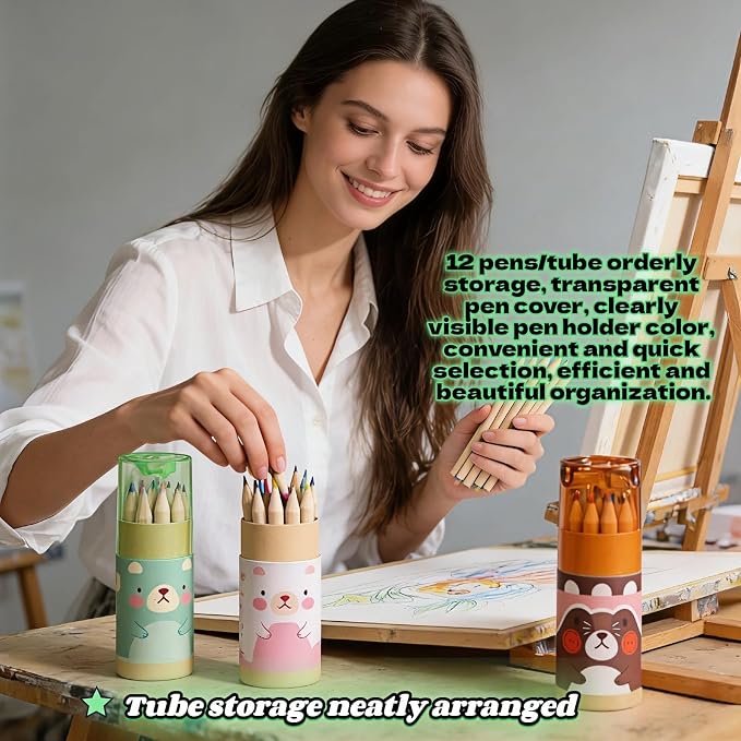 Mini Colored Pencils Set of 36 (3 Tubes x 12 Colors) - Portable Art Kit with Built-in Sharpener for Adults, Teens & Artists | Compact Design for School, Travel, Sketching & Drawing