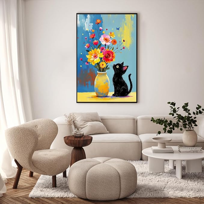 Framed Paint by Numbers Kit for Adults, Black Cat & Flowers, 8 x 12 Inch | DIY Adult Paint by Number Kit for Beginners, Floral Wall Decor, Stress Relief Craft Gift, Creative Hobby