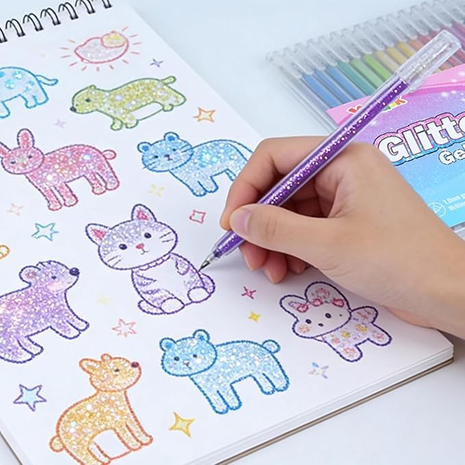 Xmusk 8 Colors Glitter Gel Pens Set with A5 Sketchbook (50 Sheets 120gsm)