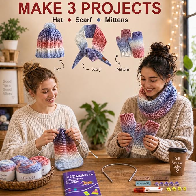 Complete Knitting Kit for Beginners, Scarf, Hat & Gloves, Amethyst Ombre | Kitcroet Knitting Kit Video Tutorials & Written Guide; 2 Types of Needles & Knitting Accessories; 25% Extra Yarn Included