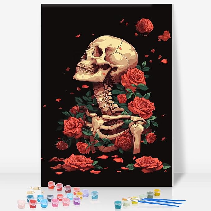 Framed Paint by Numbers Kit for Adults, Skeleton & Red Roses, 8 x 12 Inch | DIY Adult Paint by Number Kit for Beginners, Gothic Wall Decor, Stress Relief Craft Gift, Creative Hobby