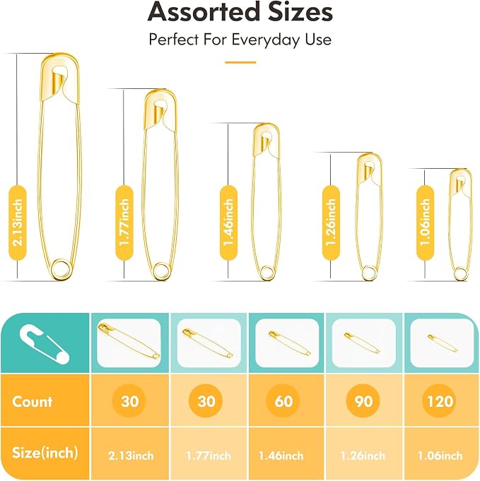 Huhuhero 340 Pack Safety Pins Assorted, 5 Different Sizes Pin Bulk, Gold