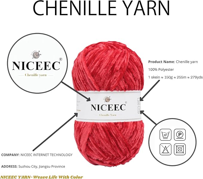 NICEEC 2 Skeins Soft Chenille Yarn 2 x255m (2X 279yds, 3X 150g)_Red