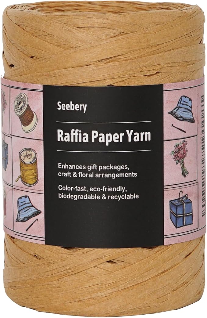 Raffia Ribbon Yarn for Crafts - Raffia Grass Twine for Gift Wrapping, DIY Decoration, Blinds & More | Matte String Paper Rope - 1/4'' Wide, 109 Yards, Brown