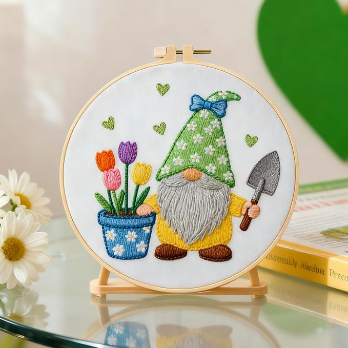 BEUNITONE 4 Set Gardener Gnome Embroidery Kit for Adult Beginners with Hoop | Needlepoint Craft Kits Complete DIY Handmade Cross Stitch Set with Pre-Printed Designs for Home Decor and Gifts 20x20cm