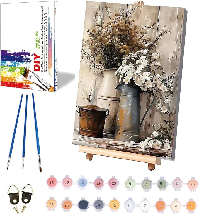 Vintage Flower Paint by Numbers for Adults with Framed Canvas 8x12 inch | Rustic Flowers Paint by Number on Canvas, DIY Acrylic Oil Painting Kits with Wooden Easel Brushes for Home Wall Decor