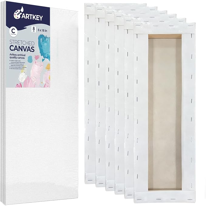 Artkey Canvases for Painting 6 x 18 Inch 8 - Pack, 5/8" Profile Stretched Canvas - 10 oz Triple Primed, 100% Cotton White Blank Canvas - Art Paint Canvases for Acrylic Oil Paint