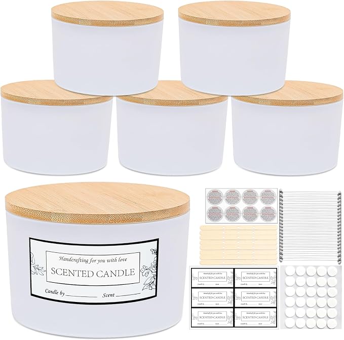 CONNOO 6 Pack 24oz Matte White Glass Candle Jars with Airtight Bamboo Lids