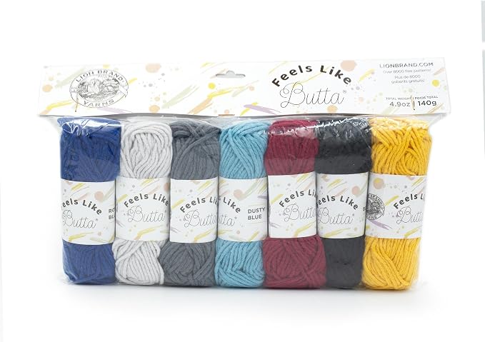 Lion Brand Yarn, Feels Like Butta Yarn, 7-Assorted Sample Pack, Bold Colors | Buttery Soft Machine Washable Worsted Weight Knit Fiber for Cuddly Baby Blankets, Warm Sweaters, Smooth Amigurumis