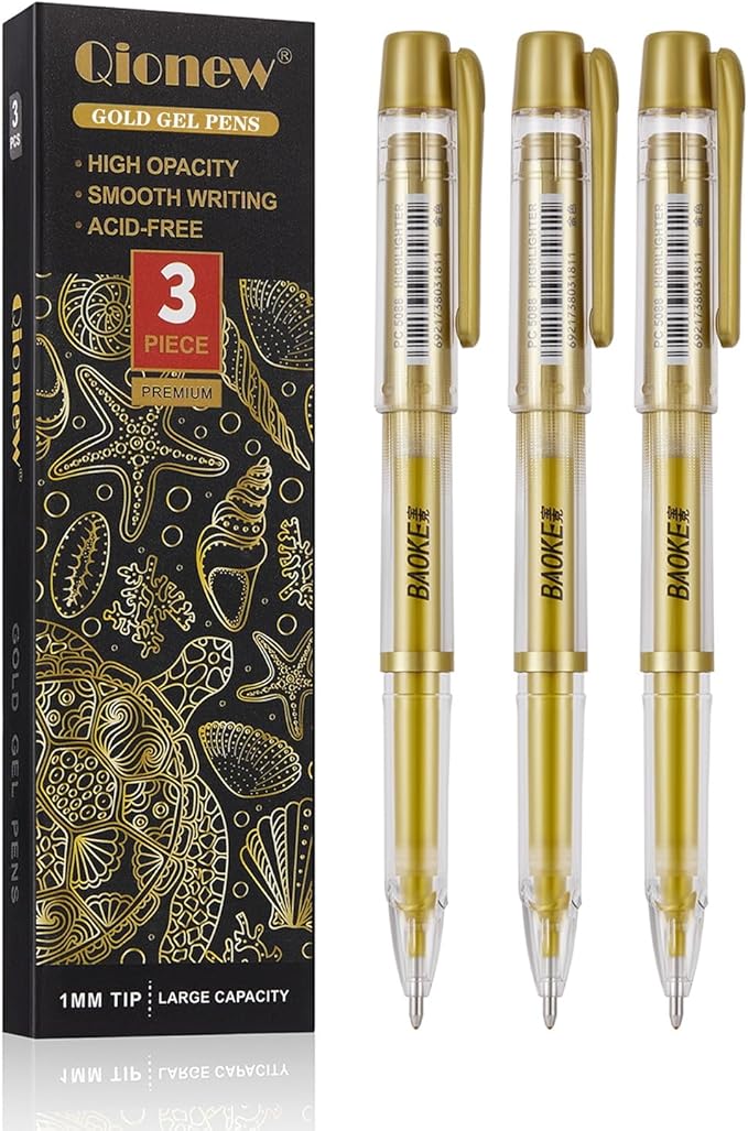 Qionew Gold Gel Pens, 3 Pack, 1mm Fine Gel Ink Pen, Opaque Ink, for Artists Drawing on Black Paper, Sketching, Illustration, Card Making, Bullet Journaling