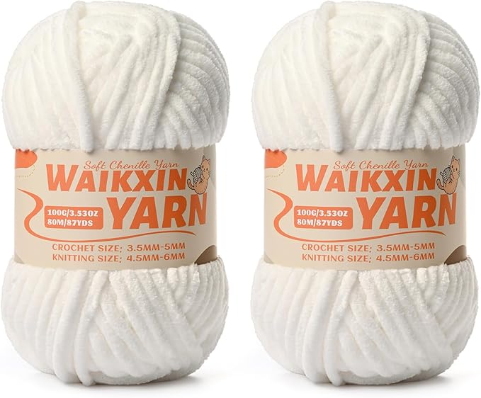 （2 Snow White） 2 Pack Super Soft Fuzzy Chenille Chunky Yarn for Crocheting, 200g (175yds) Velvet Fluffy Amigurumi Yarn for Hand Knitting Baby Blankets Weaving Craft