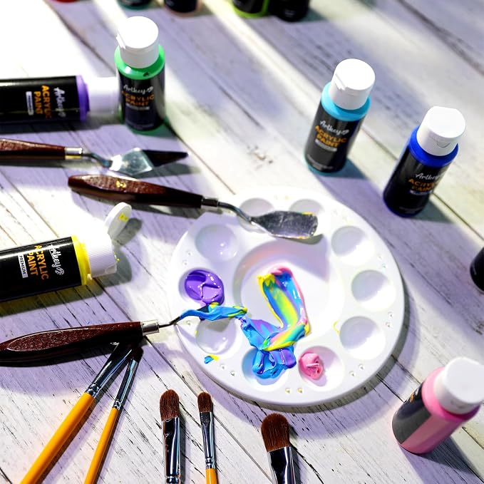 Artkey Acrylic Paint Set, 16 Colors 2 oz/59 ml Acrylic Paint Kit for Professional Artists & Beginners – Van Gogh Inspired “The Burning Sun” Palette for Canvas, Wood, Fabric, Rock, Leather, Ceramic, Glass