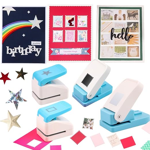 BAOFALI4Pcs Stamp Punche Tool Set |Postage Stamp Punch1X0.8inch/0.9x1.1inch | Square Punch1X1 inch|Star 1.4x1.4inch Embossing Punch for Paper Crafting Scrapbooking DIY Card Making Arts Crafts Supplies