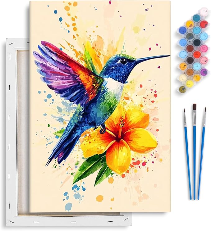 Framed Paint by Numbers Kit for Adults Beginner & Kids Ages 8-12, Hummingbird Paint by Numbers With Frame, DIY Watercolor Number Painting for Adults Hummingbird for Home Wall Decor Gift 8x 12 inch | For Adults Beginner & Kids Ages 8-12, With Frame Canv...