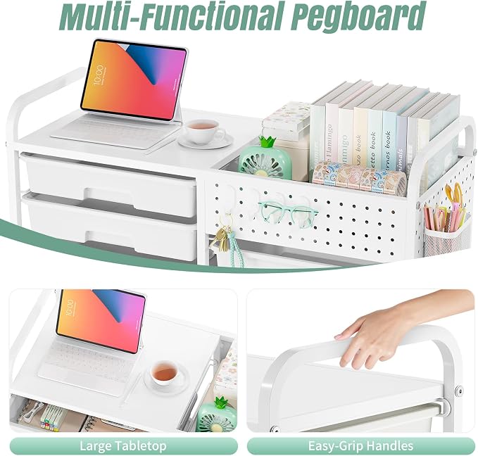 14 Drawer Rolling Storage Cart with Tabletop and Pegboard for Crafts Green | Easy Setup, Large Capacity, Sturdy Build, Smooth Mobility, For classroom, office and dorm supplies