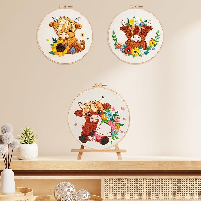Nuberlic 3 Pack Embroidery Kit for Beginners, Highland Cow Embroidery Kits