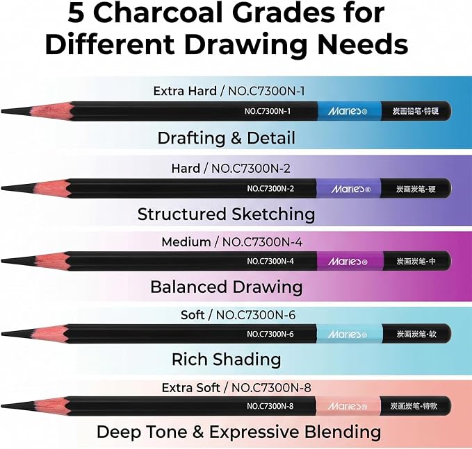 Marie's Charcoal Pencils for Drawing, 10 Pieces, Extra Hard Hard Medium Soft Extra Soft, Sketching Pencils for Artists, Smooth Charcoal Core for Layering, Blending and Detailed Artwork(Medium)