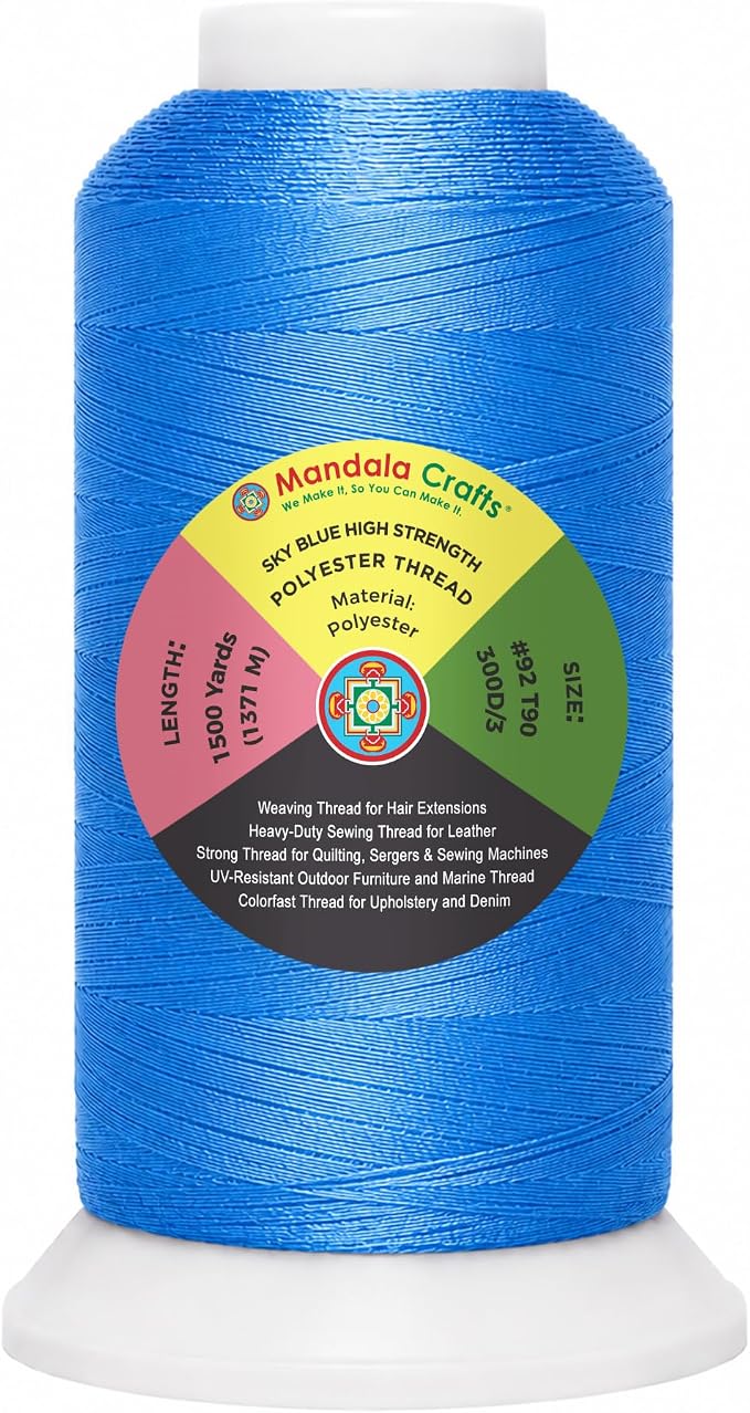 Mandala Crafts Sky Blue Tex 90 Polyester Heavy Duty Thread for Upholstery | 1500 Yds T90 UV Resistant Strong Thread for Leather Sewing, Marine, Drapery, Jeans, Hair Weaving & Extension, Outdoor