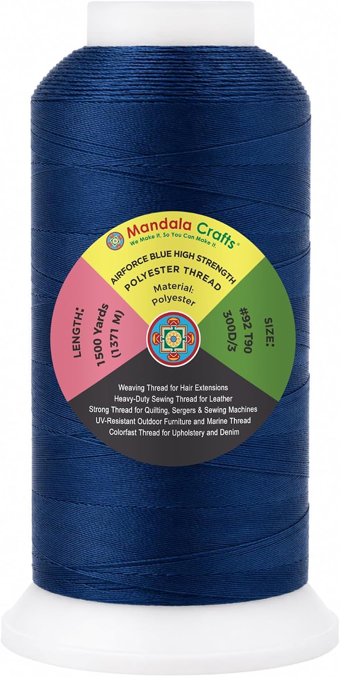Mandala Crafts Airforce Blue Tex 90 Upholstery Polyester Heavy Duty Thread | 1500 Yds T90 UV Resistant Strong Thread for Leather Sewing, Marine, Drapery, Jeans, Hair Weaving & Extension, Outdoor