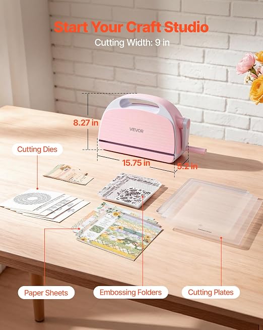 VEVOR Manual Die Cutting and Embossing Machine, 9" Opening, Portable Die Cut Machine Set with Cutting Dies, Embossing Folders, Paper Sheets, Cutting Plates, for Scrapbooking, Card Making, Crafting