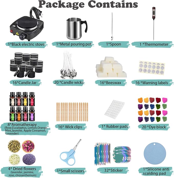 Complete Candle Making Kit With Wax Melter, Candle Making Supplies, DIY Arts&Crafts Kits Gift For Adults,Beginners,Including Bees Wax,500w Electric Stove,Wicks,Rich Scents,Wick Clips,Pouring Pot Etc.