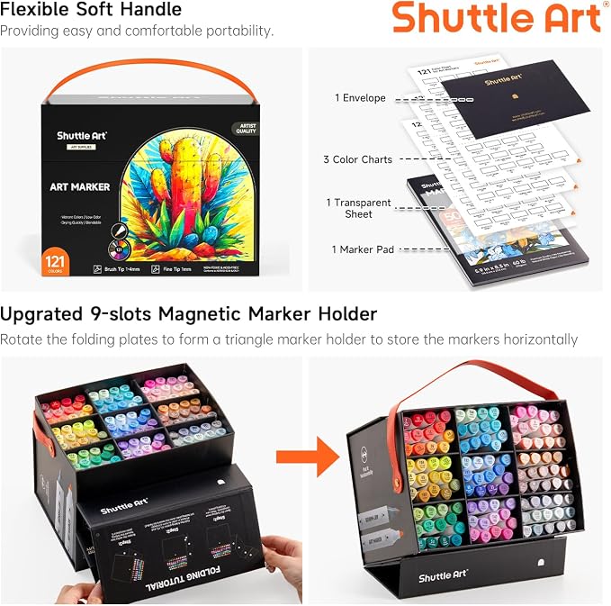 Shuttle Art Brush Tip Alcohol Markers, Dual Tip Brush & Fine Tip Art Marker Set, 121 Colors Marker Pens with Organized Case Perfect for Illustration Kids Students Adults Coloring Sketching