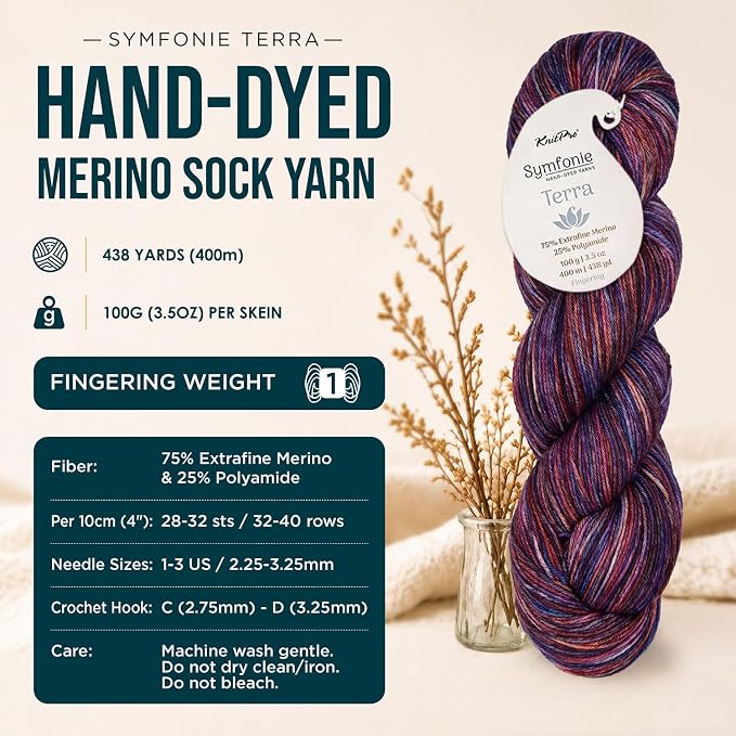 KnitPro Symfonie Fingering Weight Merino Wool Yarn 100g, Midnight Orchid