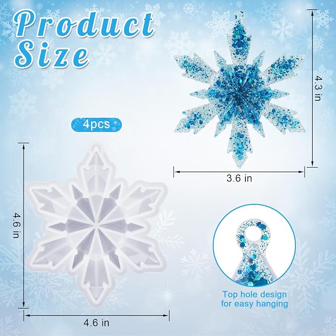 4 Pcs Snowflake Resin Molds, 3D Christmas Snowflake Molds, Christmas Epoxy Resin Mold for DIY Winter Xmas Pendant Decoration