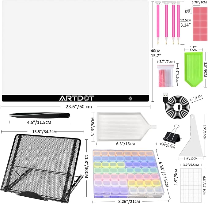 ARTDOT A2 LED Light Pad for Diamond Painting USB Powered Light Board Kit, Adjustable Brightness with 12 Angles Stand and Clips