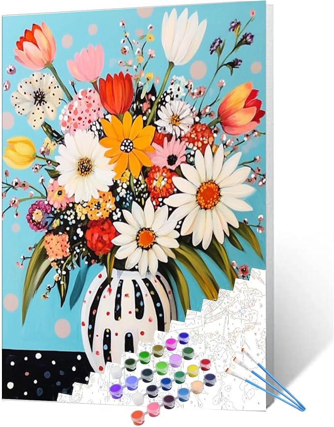 Abstract Flowers in Vase Oil Painting Paint by Number Kits 16 x 20 inch Canvas Colorful Flowers DIY Oil Painting for Kids Students Adults Beginner with Brushes and Acrylic Pigment (without Frame)