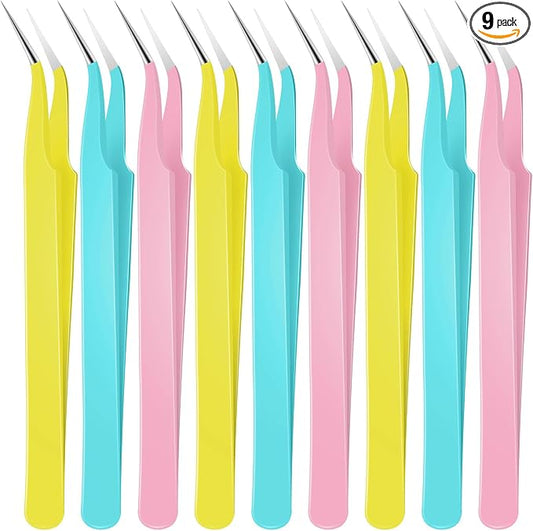 Honoson 9 Pcs Curved Pointed Craft Tweezers Precision Tweezer,3 Colors