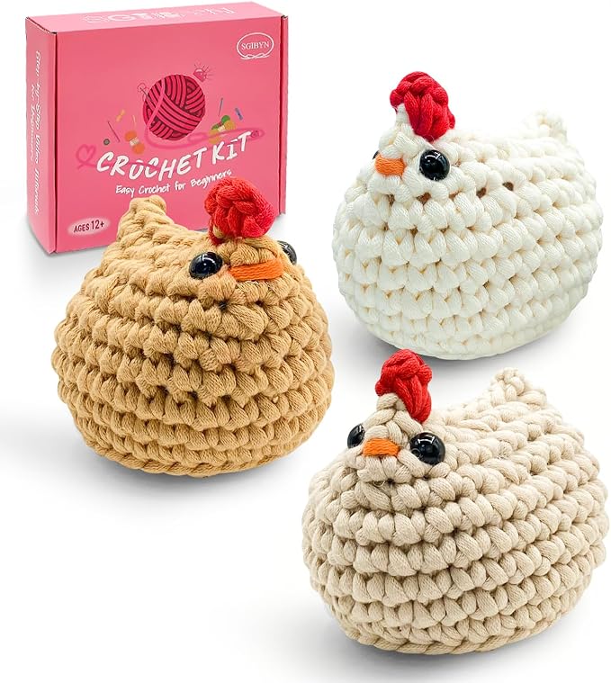SGIBYN Crochet Kit for Beginner - DIY 3 Chickens Amigurumi Set with Video