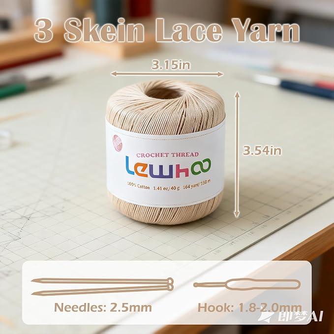 Size 3 Crochet Thread, 3 Pack Lace Yarn Ball 100% Cotton Natural