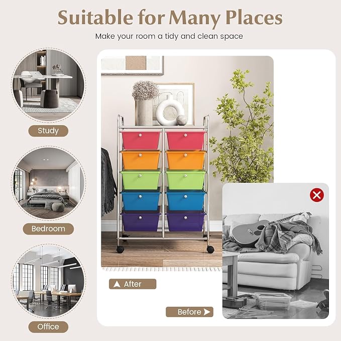 LDAILY 10 Drawer Rolling Cart, Storage Cart Organizer on Wheels, Drawer Cart with Metal Frame & Large Storage Capacity, Rolling Cart with Drawers for Living Room Classroom, Office