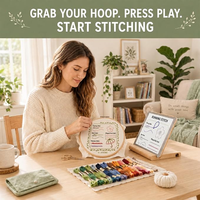 Cikeela Embroidery Stitch Book Beginner with Fabric Pages, 31 Essential Stitches in Structured Learning Order for Adults, DIY Sewing Kit with Floral Motifs, Practice Patterns EmbroideryStitch Book Kit