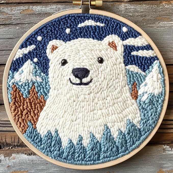 DIY Punch Needle Kits Polar Bear with Snow Mountain with Hoop 20x20cm-4 | with Pattern Stamped Easy for Beginners Embroidery Punch Needle Starter Craft Set for Adults Festival Gift and Decoration