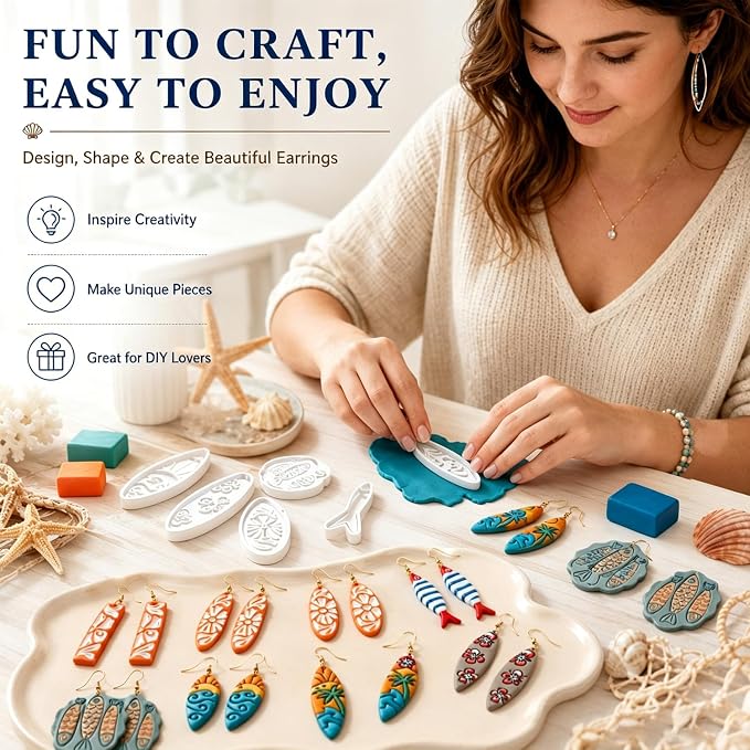 8Pcs Ocean Clay Earring Molds, Fish Flower Wave Polymer Clay Tools. Ocean Fish, Wave & Floral Patterns for Detailed Handmade Earrings and Coastal Clay Jewelry Designs