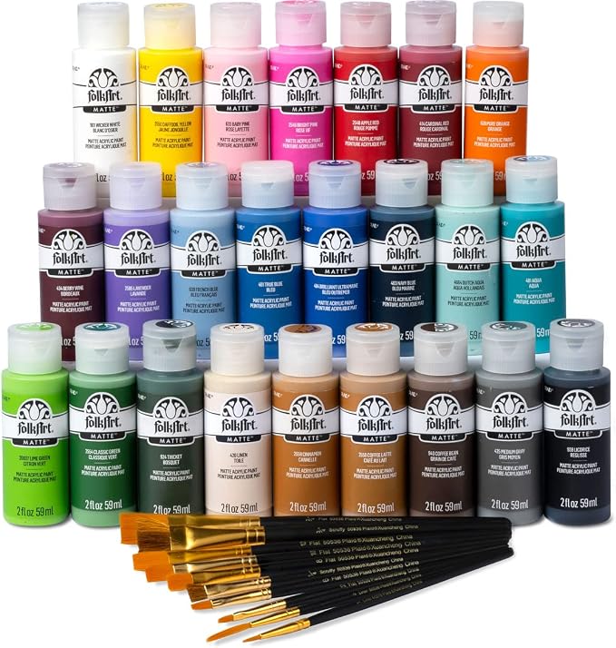 FolkArt 99445 24 Bottle Acrylic Craft Paint Set with 10 Pack of Brushes, 2oz, Colors May Vary