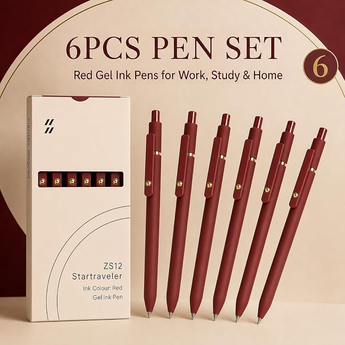 FIOVER Red Gel Pens, 6 Pack 0.7mm Red Colored Pens for Journaling and Notes