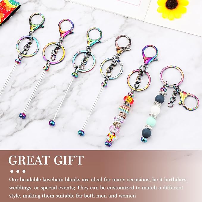 Huwena 6 Pcs Beadable Keychain Bars Metal Blanks DIY Crafts Jewelry Gift