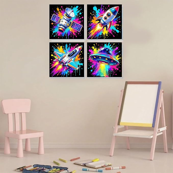 Arttoplus 4 Pack Paint by Numbers Kit for Kids with Frame Spaceship 8x8in | Cool Spaceship Kids Paint by Numbers Ages 4-8-12 with Wooden Easel, Outer Space Easy Painting by number for Gift Home Decor