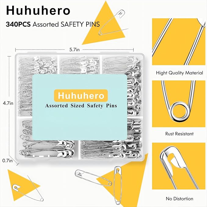 Huhuhero 340 Pack Silver Safety Pins Assorted, 5 Different Sizes Pin Bulk