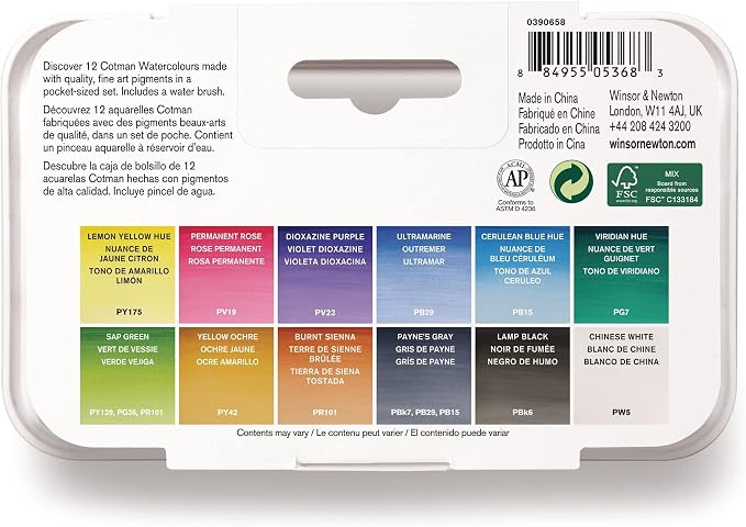 Winsor & Newton Cotman Watercolor Paint Set, 12 HP Water Brush Pocket Set | Introductory Watercolor made with Fine Art Pigments, Perfect for Beginners, Lightfast & Permanent, Good Tinting Strength