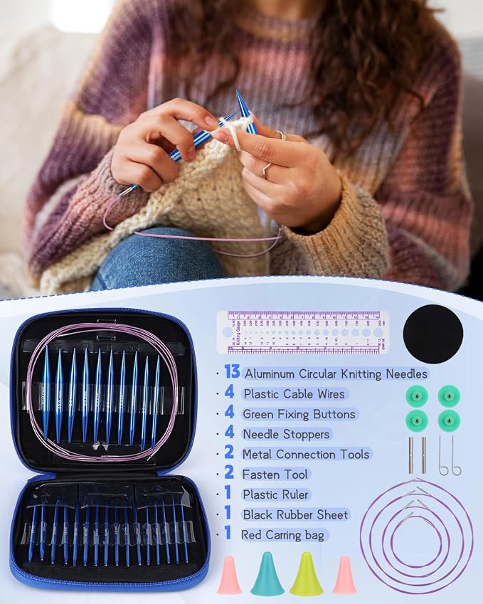 Aeelike 13 Pair Interchangeable Circular Knitting Needles 3-10 mm, Blue | Aluminum Interchangeable Knitting Needles with 4 Cables, Smooth Complete Needles Set for Socks Blankets Sweaters, Ideal Gift
