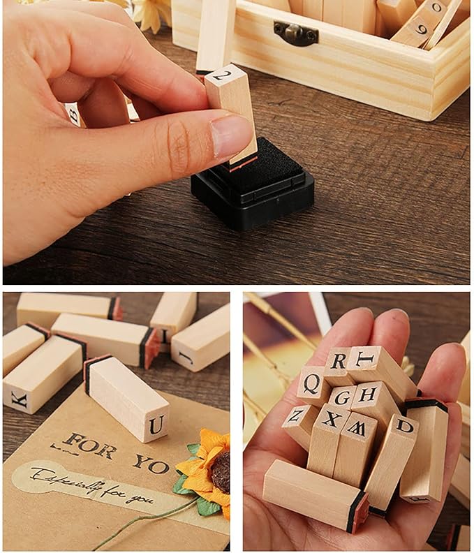 Pack of 36 Pcs Small Wooden Rubber Stamps 0.2 Inch of Letter and Number for DIY Craft Card and Photo Album (A)